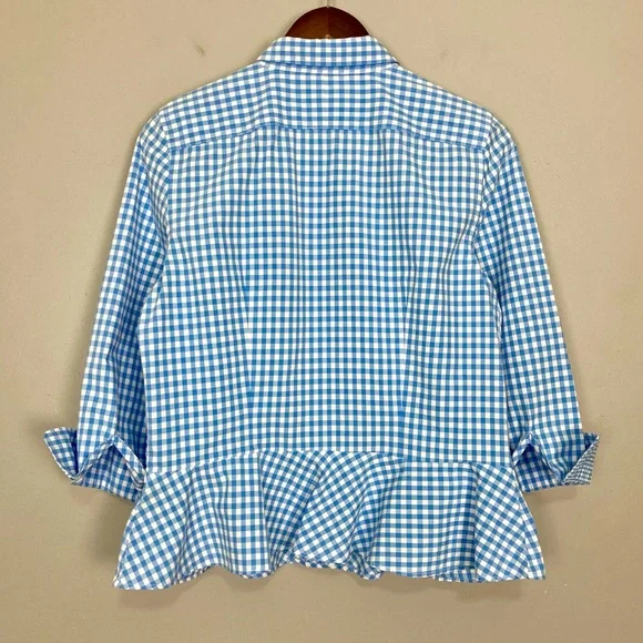 LRL Gingham Peplum Blouse Women’s Size 12 Button Front 3/4 Sleeves Flip Cuffs - Picture 4 of 6